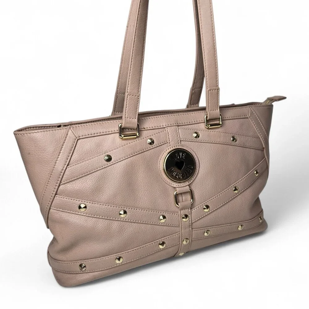 Love Moschino Tan Pebble Leather Shoulder Bag‎ Women's Gold Studded Chunky Coin